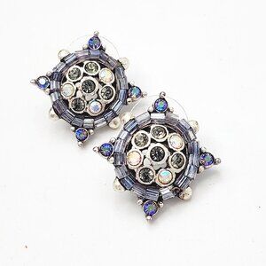 Anne Klein Micro Mosaic Beaded Grey & Silver Crystal Round Burst Stud Earrings